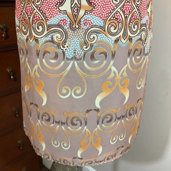 CATO Tropical Chiffon Dress Gold Red Browns Shortsleeved Lined Size 14 - Picture 4 of 16